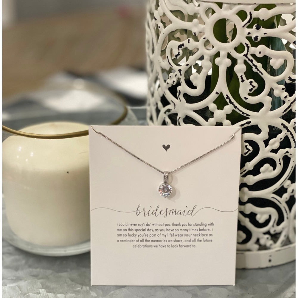 Faux Diamond Pendant Bridesmaid Necklace Silver Tone 16in Chain Handmade